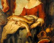 坎农 汉斯 : junge frau mit strohhut als verkauferin auf dem markt